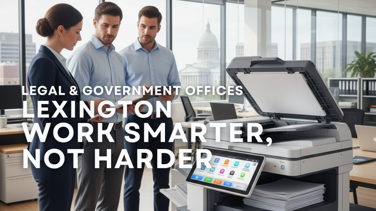 Office staff in Lexington using a multifunction copier for document processing, representing copier leasing services for legal and government offices.
